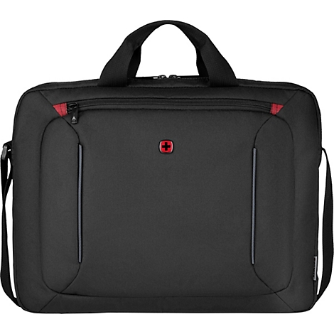 Schwarze Laptoptasche mit Tragegriff und Schulterriemen, roter Akzent am Reißverschluss, Schweizer Kreuz Logo.