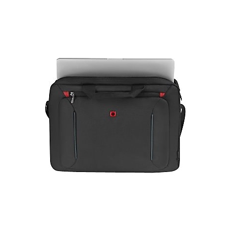 Schwarze Laptoptasche, offen mit Laptop. Roter ReiÃŸverschluss, rotes Kreuz-Logo, blauer Akzent.