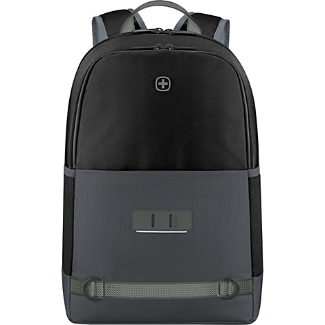 Schwarzer Rucksack mit dunkelgrauen Akzenten. Oben das Wenger-Logo. Reißverschluss, gepolsterte Schultergurte und ein Tragegriff.