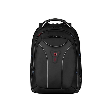 Schwarzer Rucksack mit rotem Kreuz-Logo. Details: silberne Reißverschlüsse, gepolsterter Rücken. Marke: Wenger.