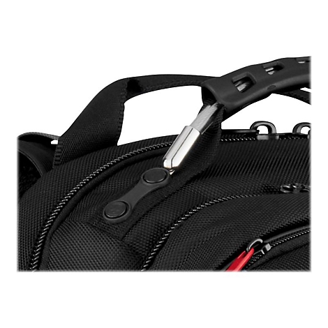 Detailaufnahme eines schwarzen Rucksacks mit silberfarbenem Drahtseil. Der Griff ist schwarz und der Reißverschluss rot.