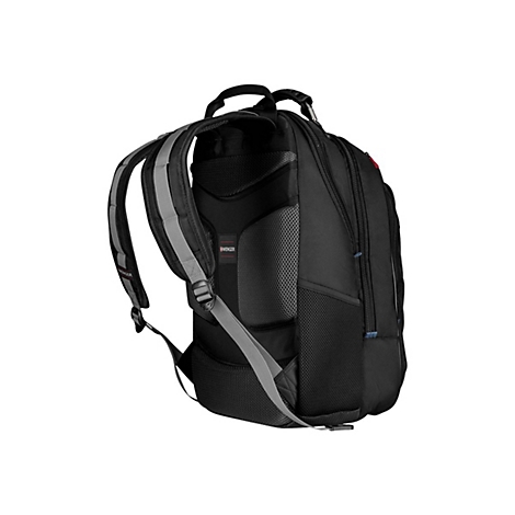 Schwarzer Rucksack mit grauen Gurten und dem Wenger Logo.