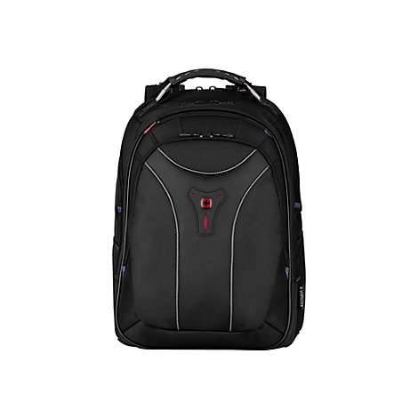 Schwarzer Rucksack vor weiÃŸem Hintergrund. Das Wenger-Logo ist auf der Front zu sehen.