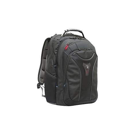 Schwarzer Rucksack mit mehreren Fächern, Griff und Schultergurten.