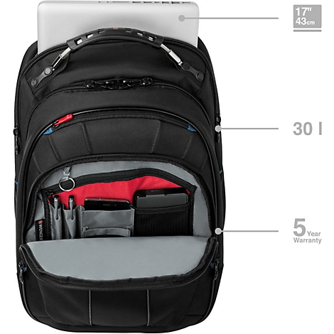 Schwarzer Rucksack mit Laptop, geöffneter Tasche, roten Akzenten, 17-Zoll-Laptop, 5 Jahre Garantie.