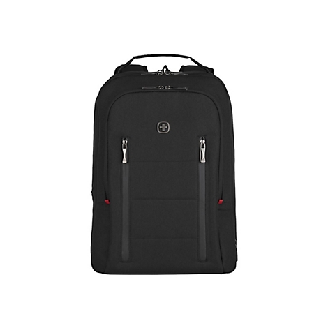 Schwarzer Rucksack mit zwei langen Reißverschlusstaschen, SwissGear-Logo, Tragegriff.