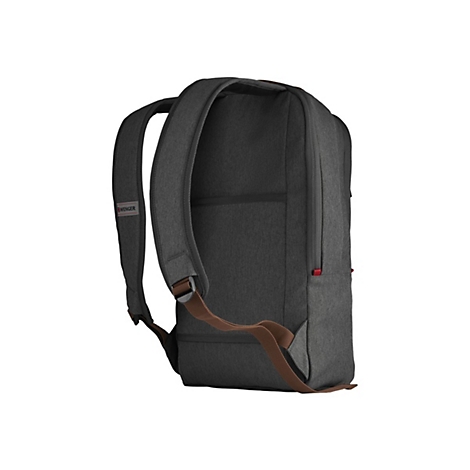 Dunkelgrauer Rucksack, Marke Wenger, braune Träger. Detailansicht, leicht von der Seite.