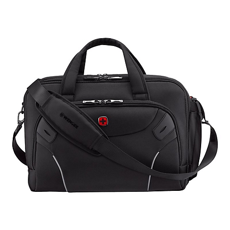Schwarze Wenger Laptoptasche mit Tragegriffen und Schultergurt vor neutralem Hintergrund.