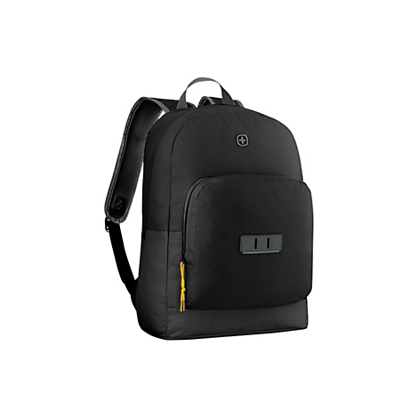 Schwarzer Rucksack vor weißem Hintergrund. Der Rucksack hat ein gepolstertes Rückenteil und Träger, ein Logo und eine Fronttasche.