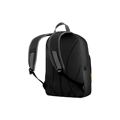 Schwarzer Rucksack mit grauen Akzenten. Von hinten gesehen. Auf dem Träger steht „Wenger“. Der Rucksack hat eine schwarze Rückenpartie und gepolsterte Träger.