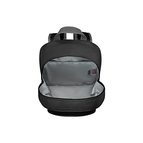 Schwarzer Rucksack, offen, Innenansicht grau, mit Tragegriff.