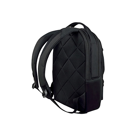 Schwarzer Rucksack, RÃ¼ckansicht, mit gepolsterten TrÃ¤gern und RÃ¼ckenpartie.