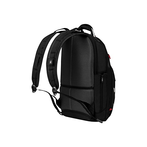 Schwarzer Rucksack, seitlich von hinten. Zwei Träger, graues Netz am Rücken, rote Details.