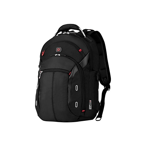 Schwarzer Rucksack mit roten Akzenten und silbernem Griff, Wenger Logo.