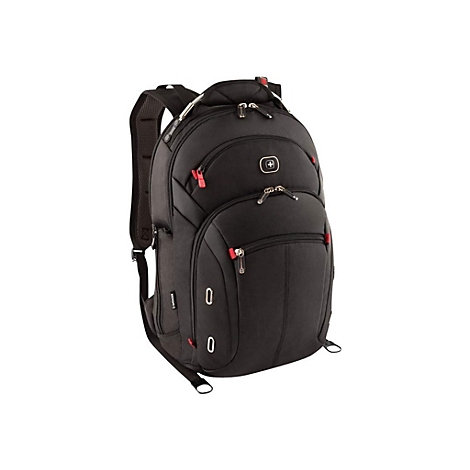 Schwarzer Rucksack mit roten Reißverschlüssen, Swissgear Logo und gepolsterten Trägern. Der Rucksack steht vor weißem Hintergrund.