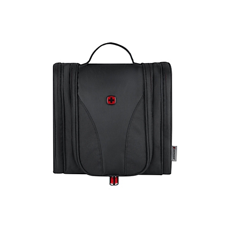 Trousse de toilette noire avec poignée. Une croix suisse sur le devant. Avec fermeture éclair rouge et le logo Wenger.
