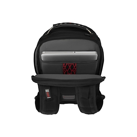 Schwarzer Rucksack, offen, mit Laptopfach und rotem Design. Sichtbar sind Schultergurte, Tragegriff und Seitentaschen.