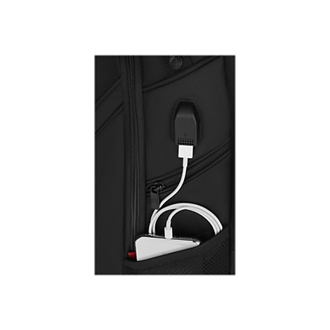 Schwarzer Rucksack mit ReiÃŸverschluss und USB-Anschluss. Ein weiÃŸes Kabel ist mit einem Smartphone verbunden.