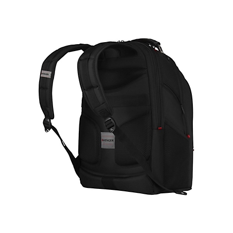 Schwarzer Rucksack von hinten. Gepolsterte Schultergurte, RÃ¼ckenbereich, zwei ReiÃŸverschlusstaschen und Wenger-Logo.