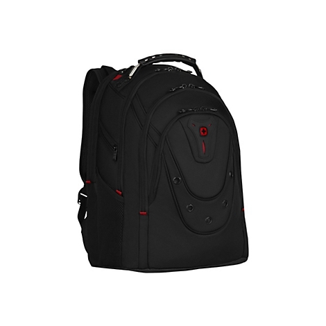 Schwarzer Rucksack mit roter Naht, Griff und Logo auf hellem Hintergrund.