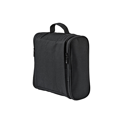 Schwarze Kulturtasche mit Henkel und Reißverschlüssen, vor weißem Hintergrund.