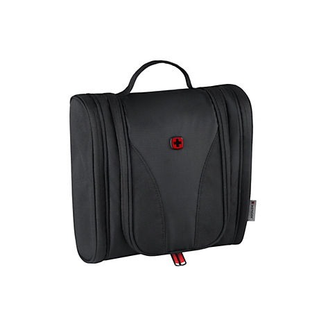 Schwarze Kulturtasche mit Griff und rotem Kreuz. Seitlich steht der Schriftzug "Wenger".