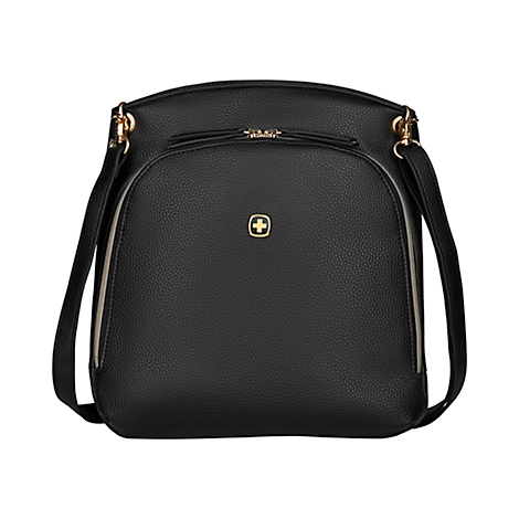Zwarte crossbodytas met gouden accenten en een Zwitsers kruislogo.