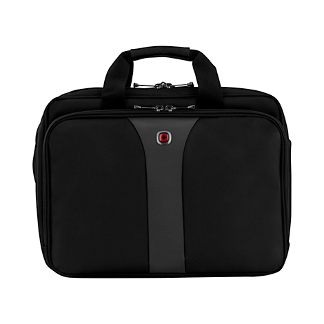Zwarte laptoptas met handvat en een grijze verticale streep in het midden.