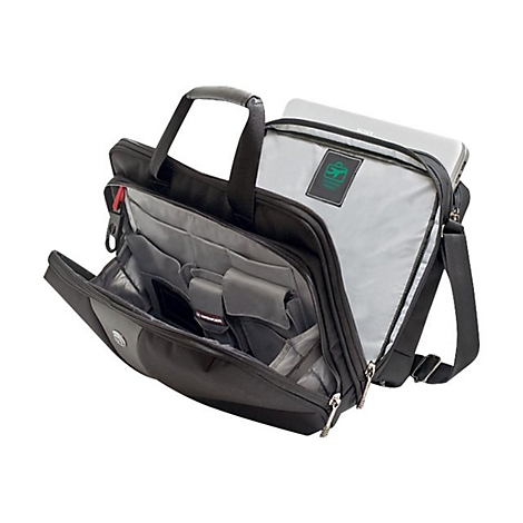 Schwarze Laptoptasche mit offenem Fach. Innen mehrere FÃ¤cher, Laptop und Schultergurt.