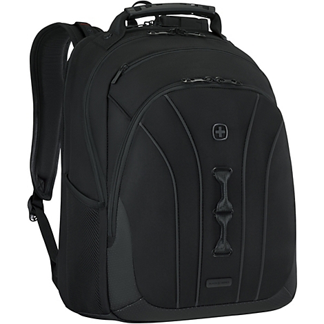 Schwarzer Rucksack mit mehreren Fächern, Reißverschlüssen und Tragegriffen. Das Logo des Herstellers ist sichtbar.
