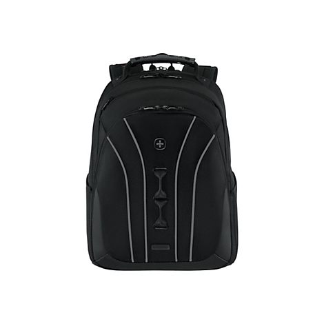Schwarzer Rucksack mit reflektierenden Linien, Swiss-Gear-Logo und mehreren Reißverschlussfächern.