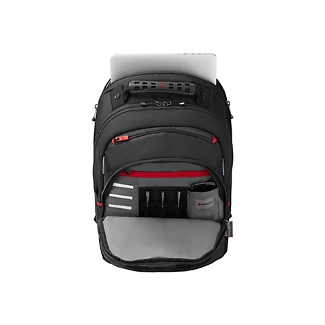 Schwarzer Rucksack mit rotem ReiÃŸverschluss und Laptopfach. Innenaufteilung mit Stifthaltern, grauen FÃ¤chern und einer Trinkflaschenhalterung.