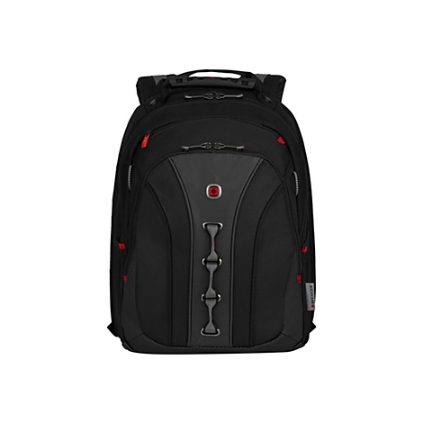 Schwarzer Rucksack mit roten Akzenten. In der Mitte graue Details mit einem roten Logo. Ãœber dem grauen Bereich befinden sich drei graue Zierelemente.