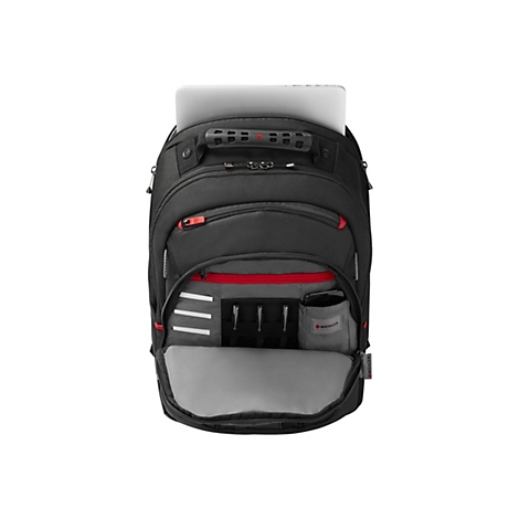 Schwarzer Rucksack mit offenem Fach. Rote Akzente, Laptop und Stifte sind sichtbar.