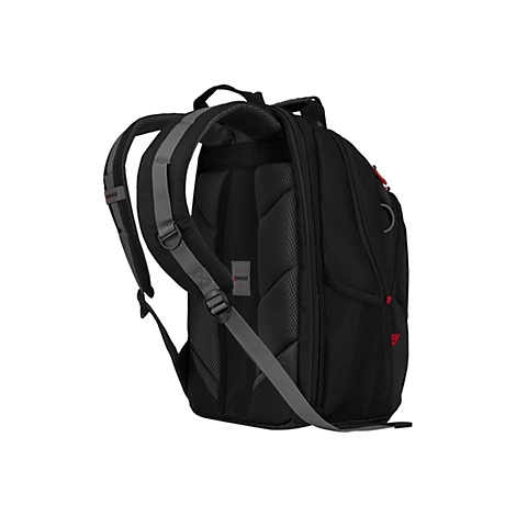 Schwarzer Rucksack mit grauen Schultergurten. Detailansicht der RÃ¼ckseite. Roter Akzent an der Seite.