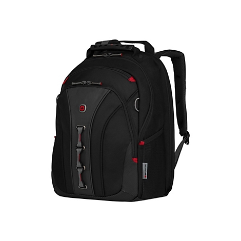 Schwarzer Rucksack mit roten Akzenten. Logo und Verzierungen. Tragegriff oben.