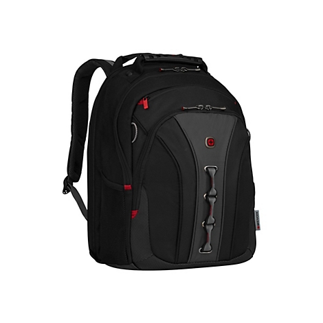 Schwarzer Rucksack mit roten Akzenten, Vordertaschen und gepolsterten TrÃ¤gern. Auf dem Rucksack ist das Logo der Marke zu sehen.