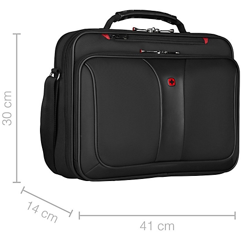 Schwarze Laptoptasche mit Tragegriff und Schulterriemen, 41x30x14cm. Rotes Kreuz auf der Front. Zitate mit Maßen.