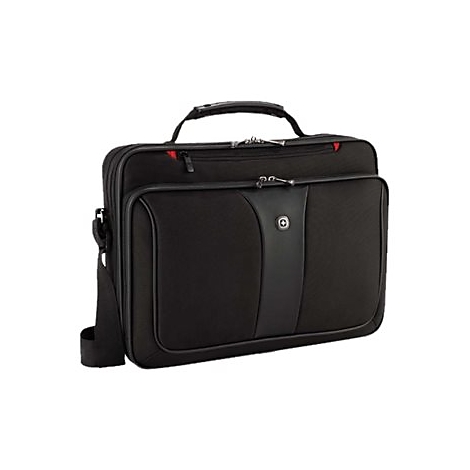 Schwarze Laptoptasche, mit Tragegriff, Schultergurt, Reißverschlüssen und SwissGear-Logo.