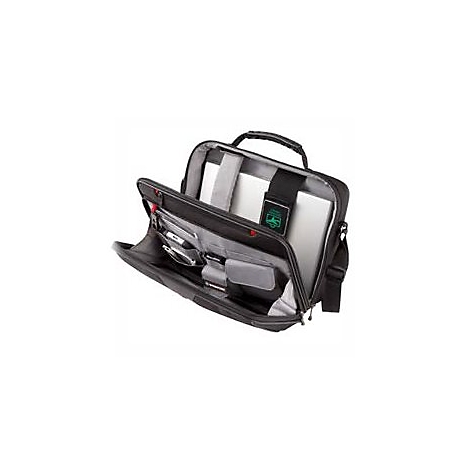 Schwarze Laptoptasche mit geÃ¶ffneten FÃ¤chern, Laptop und ZubehÃ¶r. Ein grÃ¼nes Logo ist sichtbar.