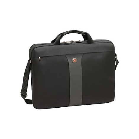 Schwarze Laptoptasche mit Schultergurt und Henkel. Auf der Tasche befindet sich das Logo der Marke.
