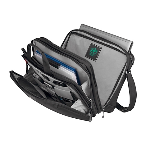 Schwarze Laptoptasche, offen, mit Laptop und Dokumenten. Das Etikett zeigt das Checkpoint Friendly Logo.