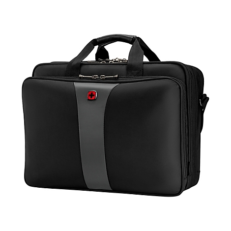 Schwarze Aktentasche mit grauen Akzenten und rotem Kreuzlogo. Tragegriff oben, Reißverschlüsse und Schulterriemen.