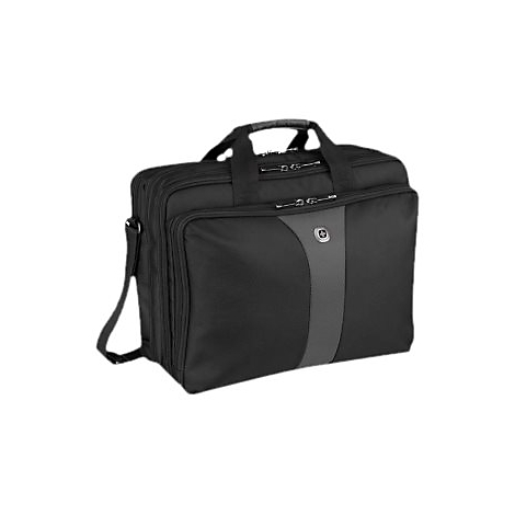 Schwarze Aktentasche mit Schultergurt. Grauer Streifen in der Mitte, Griff oben.