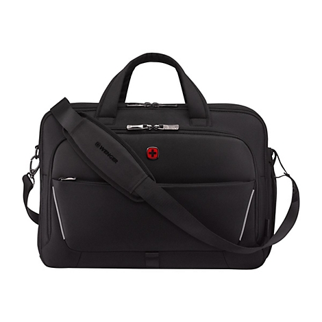 Schwarze Laptoptasche mit Schulterriemen, von Wenger. Auf der Tasche das Schweizer Kreuz.