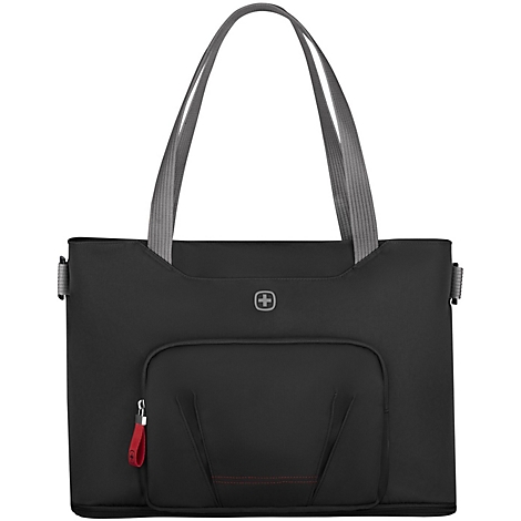 Schwarze Handtasche mit grauen Trägern und rotem Reißverschluss-Anhänger. Auf der Tasche ist ein Logo mit einem weißen Kreuz auf rotem Grund.
