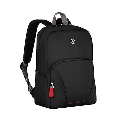 Schwarzer Rucksack mit rotem Reißverschluss, grauem Tragegriff und Logo.