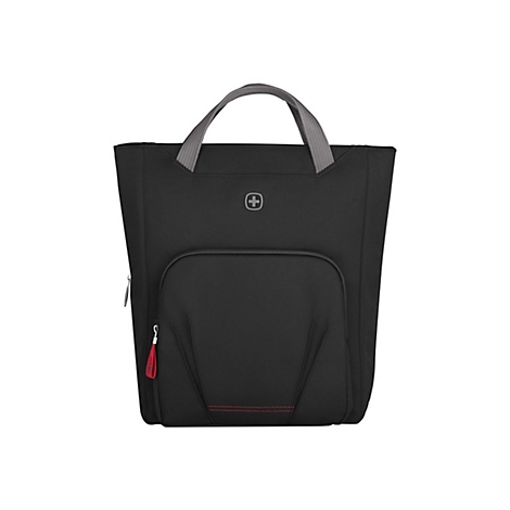 Schwarze Handtasche mit grauen Henkeln und einem roten Reißverschluss-Anhänger. Auf der Tasche ist ein Logo abgebildet.