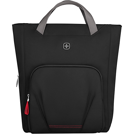 Schwarze Handtasche mit grauen Henkeln und rotem Reißverschluss-Anhänger. Auf der Tasche befindet sich das Logo des Schweizer Kreuzes.