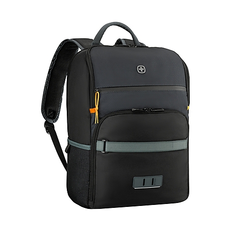 Schwarzer Rucksack mit grauen und orangenen Akzenten, Reißverschlüssen und Tragegurten. Oben ein Griff.